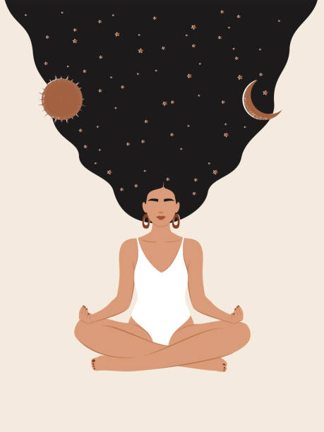 wektorowa kobieta z gwiaździstymi włosami, słońcem i księżycem medytującym w pozycji lotosu - wdzięczność ilustracje stock illustrations