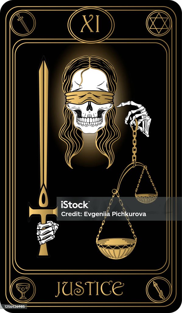 Justice Tarot card Justice. The 11th card of Major arcana black and gold tarot cards. Vector hand drawn illustration with skulls, occult, mystical and esoteric symbols. Tarot Cards stock vector
