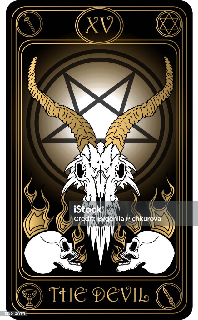 The Devil Tarot card The Devil. The 15th card of Major arcana black and gold tarot cards. Vector hand drawn illustration with skulls, occult, mystical and esoteric symbols. Devil stock vector