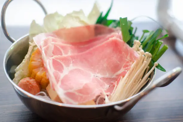 Photo of Hot pot set with fresh of vegetable and slice pork. promotion set