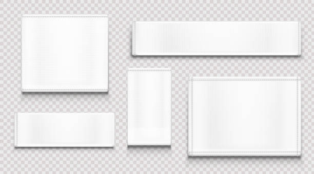 White fabric tags, cloth labels different shapes White fabric tags different shapes isolated on transparent background. Vector realistic mockup of blank cloth labels with stitches, cotton badge for textile, woven fashion sticker seam stock illustrations