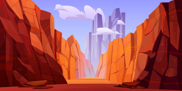 Grand Canyon with road on bottom, park of Arizona Grand Canyon with road on bottom, national park of Arizona Colorado state. Red sandstone mountains, horizon with sand rocks and sky, nature landscape background, Cartoon vector illustration cliffs stock illustrations