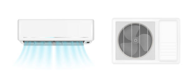 ilustrações de stock, clip art, desenhos animados e ícones de vector air conditioner with cold wind - air air conditioner electric fan condition