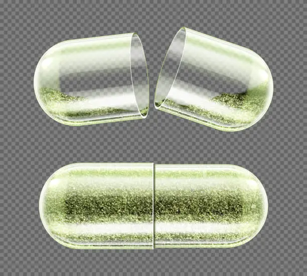 Vector illustration of Herb capsule, nutritional supplement, powder pills