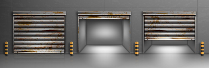 Rusty garage doors, warehouse entrances with ferruginous close and open roller shutters. Empty hangar boxes, Realistic 3d vector storage for car parking, rooms for repair service with metal doorways