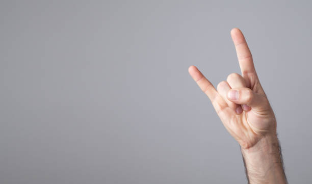 istock Male hand showing rock gesture. Space for your text 1256432282