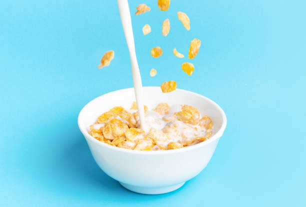 istock In a plate with cereal pour milk on blue background, front view 1256433675