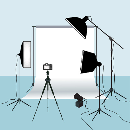 Photography equipment flat vector illustration, white background for taking picture. Photo studio white blank background with light, camera, tripod and set of backdrop. Cameraman tools