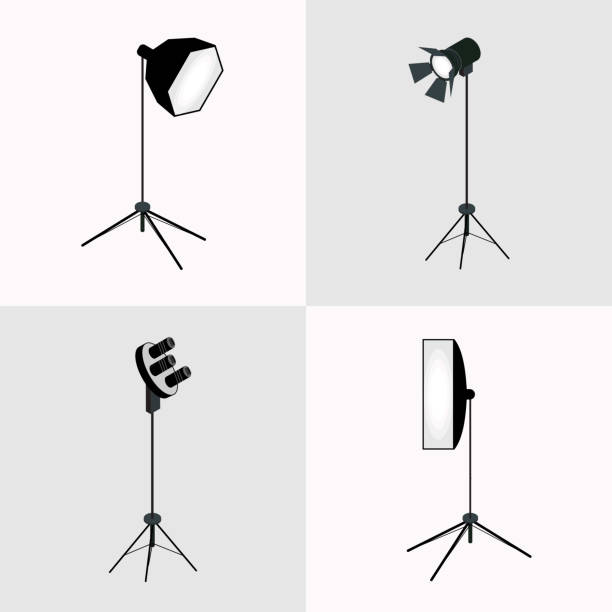 istock Vector photographer studio lighting equipment icon set. Spotlight and lamp, flash and professional technology photographic. Professional photo studio accessories design elements in flat style. 1256433719