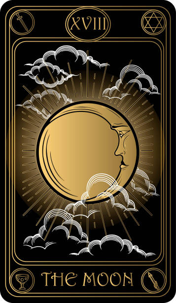 The Moon Tarot card The Moon. The 18th card of Major arcana black and gold tarot cards. Vector hand drawn illustration with skulls, occult, mystical and esoteric symbols. tarot cards stock illustrations