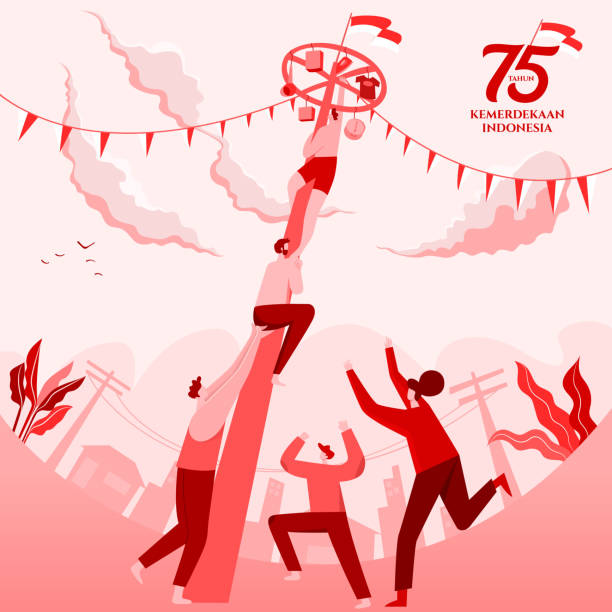 Indonesia independence day greeting card with traditional games concept illustration. 75 tahun kemerdekaan indonesia translates to 75 years Indonesia independence day indonesia, independence, day, flat, illustration, characters, greeting, card Number 17 stock illustrations