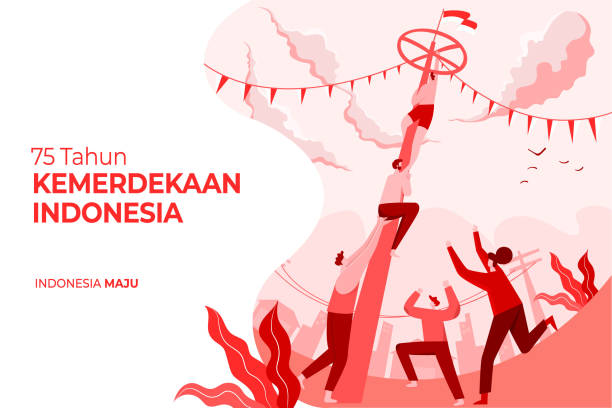ilustrações, clipart, desenhos animados e ícones de cartão de saudação do dia da independência da indonésia com ilustração conceitual de jogos tradicionais. 75 ano de independência da indonésia se traduz em 75 anos dia da independência da indonésia - etnia indonésia