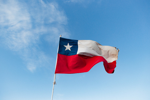 National flag of Chile on blue sky background, copy space