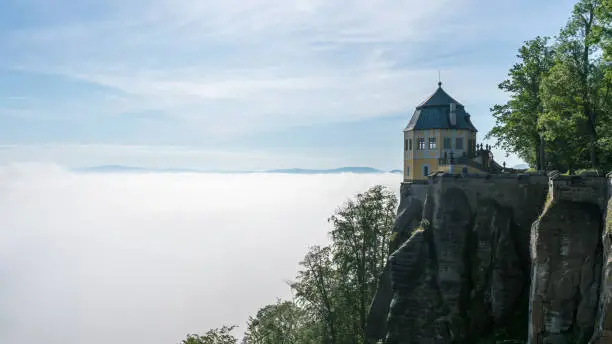 View from the Fortress Königstein on a misty day in the Saxon Switzerland