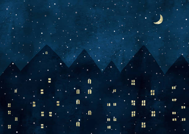 유럽의 눈 밤 전망 수채화 - snowing snow snowflake night stock illustrations