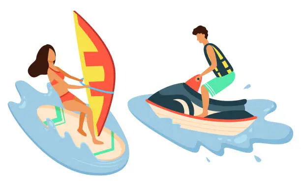 Vector illustration of Water Bike Girl Surfboarder Isolated Summer Sport