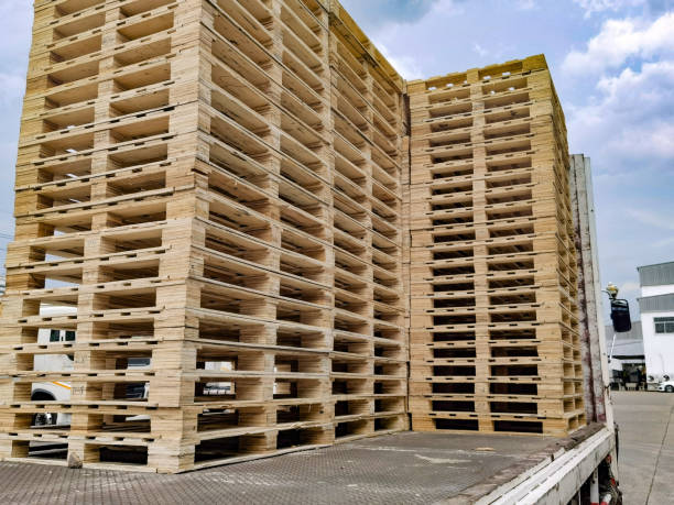 istock Worker driving forklift to loading and unloading wooden pallets from truck to warehouse cargo storage, shipment in logistics and transportation industrial, wood pallets stack 1256438086