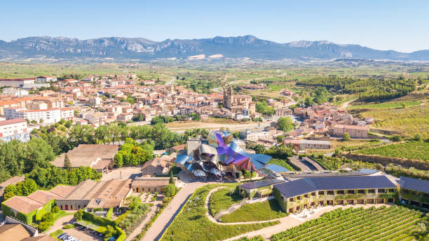 views of elciego town and marques del riscal winery, Spain elciego, Spain. 13th july, 2020: aerial view of marques del riscal winery, designed by Frank Gehry with  Elciego town on the background in la rioja, Spain frank gehry building stock pictures, royalty-free photos & images