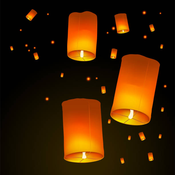Happy Diwali Holiday background with sky lanterns floating in sky, Indian Festival of Lights celebration concept, vector illustration. vector art illustration