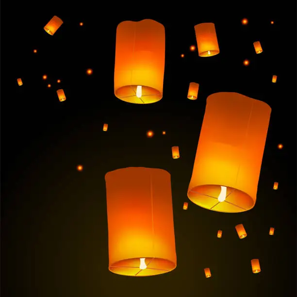 Vector illustration of Happy Diwali Holiday background with sky lanterns floating in sky, Indian Festival of Lights celebration concept, vector illustration.