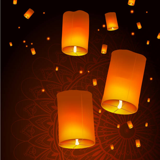 Happy Diwali Holiday background with sky lanterns floating over mandala, Indian Festival of Lights celebration concept, Creative vector illustration. vector art illustration