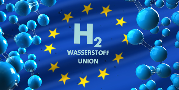 German text Wasserstoffunion, translate Hydrogen Union. 3d illustration.