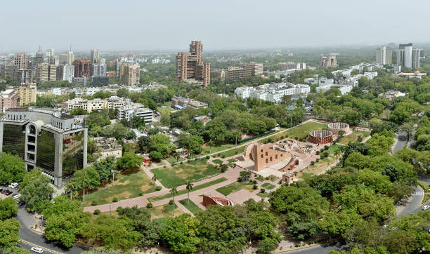 Panoramic New Delhi Panoramic aerial view of Green central New Delhi around Jantar Mantar ,New Delhi India. landscape arch photos stock pictures, royalty-free photos & images