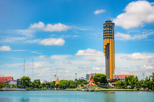 ROI-ET, THAILAND - July 16, 2020 : Tower of Roi Et city observatory, the symbol of local musical instrument, new Landmark in Roi Et Province, Thailand.