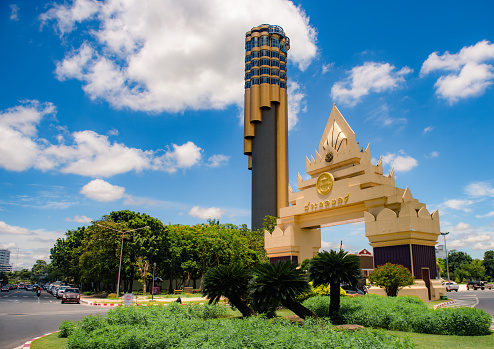 ROI-ET, THAILAND - July 16, 2020 : Tower of Roi Et city observatory, the symbol of local musical instrument, new Landmark in Roi Et Province, Thailand.