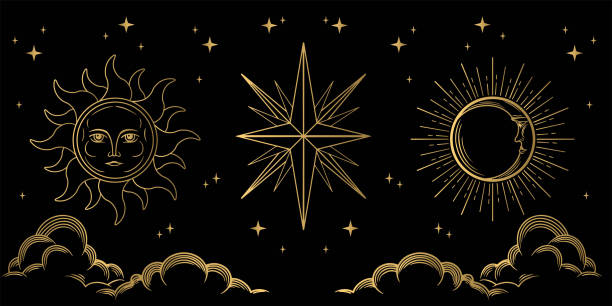 Occult symbols of moon, sun, and stars. Set of design elements in gold colour on black background. Occult symbols of moon, sun, and stars. Vector templates. tarot cards illustrations stock illustrations