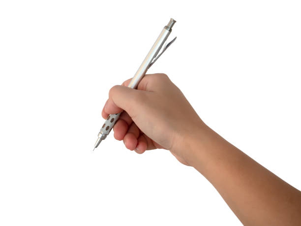 istock Crop right hand holding pencil isolated on white. clipping path 1256443941