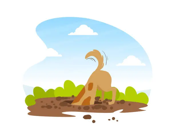 Vector illustration of Funny Dog Digging Deep Hole in Garden, Beautiful Summer Landscape Flat Vector Illustration