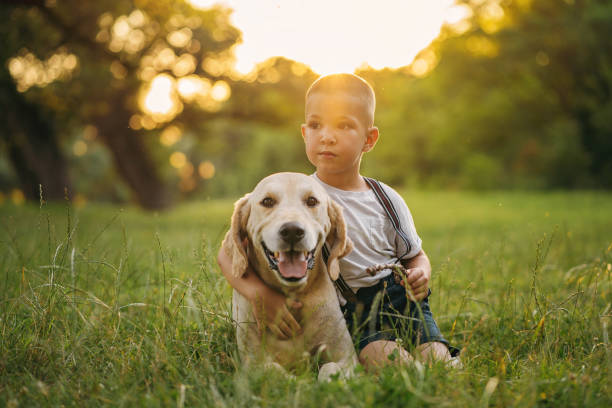 istock Cute boy cuddling with his Golden retriever 1256445490