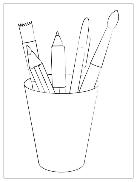 ilustrações, clipart, desenhos animados e ícones de conjunto de material escolar silhueta. papelaria em um copo. ilustração de contorno vetorial com lápis, caneta e pincéis - pencil symbol close up vertical