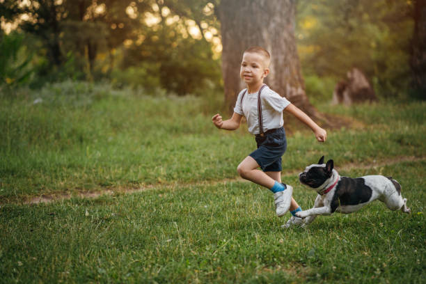istock Cute boy with dog in nature 1256445556
