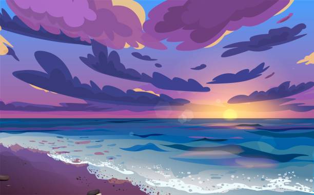 illustrazioni stock, clip art, cartoni animati e icone di tendenza di tramonto o alba, alba al mare con nuvole nel cielo. la riva dell'oceano con onde che rotolano su di esso e schiuma di mare. bellissimo paesaggio. illustrazione vettoriale del cartone animato. - sunrise sun gold sea