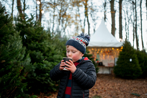 A young boy wearing warm clothing at a Christmas Tree Lot in Northeastern England. He is enjoying a festive hot chocolate to keep warm.