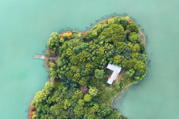 istock Looking down to the island in the lake. 1256446520