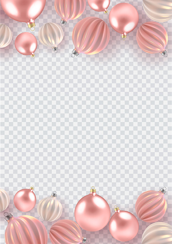 Christmas background with Christmas balls of pearl, a spiral balls on a transparent vertical background.  Vector illustration