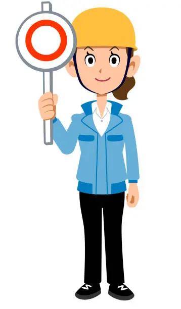 Vector illustration of A woman in a blue workwear wearing a helmet holding a circle-shaped tag