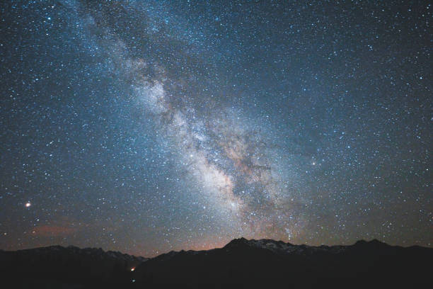 istock Night scene and milky way sky with hills background 1256449399