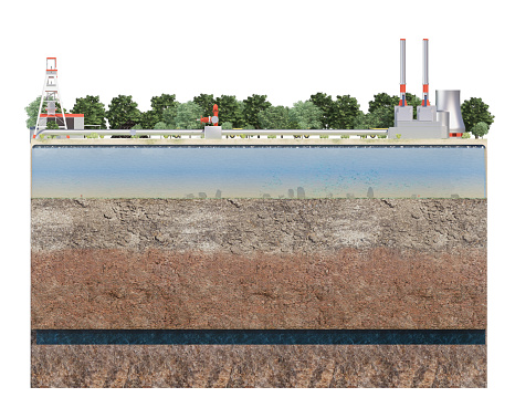 cut of layers of earth with water with industry. 3d rendering