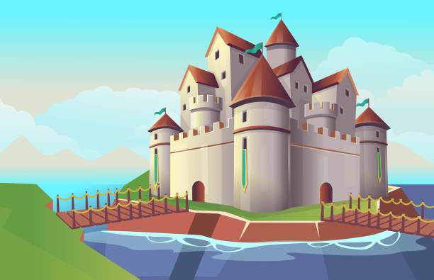 stary kamienny zamek z kreskówek z mostami i rzeką dla dzieci. ilustracja wektorowa - castle fairy tale palace forest stock illustrations
