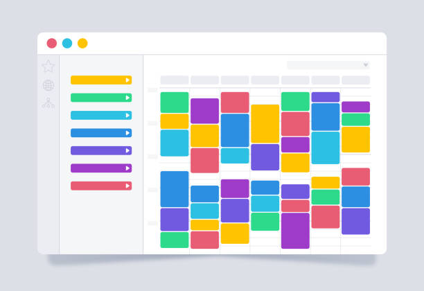 Planner Calendar Scheduling Organizer Business calendar scheduling planner meetings browser webpage internet layout UI UX design. time drawings stock illustrations