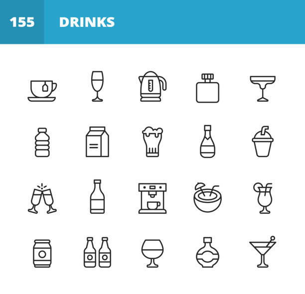ilustrações de stock, clip art, desenhos animados e ícones de drink and alcohol line icons. editable stroke. pixel perfect. for mobile and web. contains such icons as tea, wine, cocktail, water, milk, beer, milkshake, champagne, coffee machine, beach drink, beer can. - café macchiato