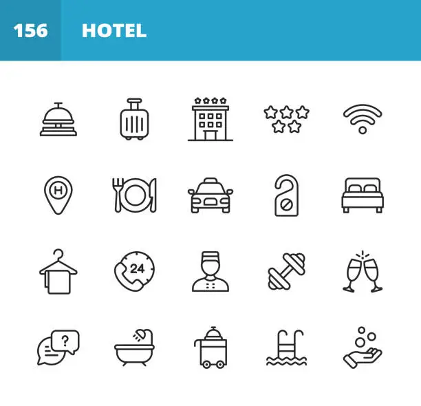 Vector illustration of Hotel Line Icons. Editable Stroke. Pixel Perfect. For Mobile and Web. Contains such icons as Hotel, Service, Luxury, Hotel Reception, Taxi, Restaurant, Bed, Towel, Support, Swimming Pool, Bath, Location, Beach, Key, Breakfast, Receptionist, Hostel.