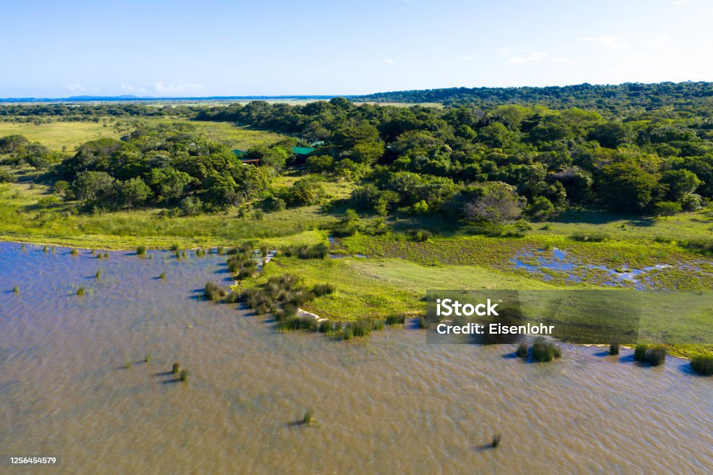 Aerial view of iSimangaliso Wetland Park. Maputaland, an area of KwaZulu-Natal on the east coast of South Africa. Drone view: Aerial view of iSimangaliso Wetland Park. Maputaland, an area of KwaZulu-Natal on the east coast of South Africa. Wetland Park is a mosaic of ecosystems and an incredible diversity of vegetation and wildlife iSimangaliso Wetland Park Stock Photo