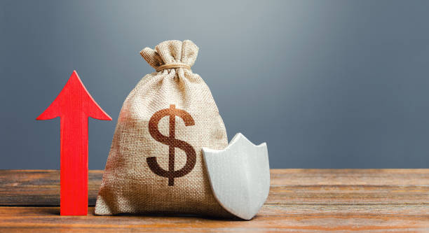 Dollar money bag with a shield and a red arrow up. Increasing the maximum amount of guaranteed insurance compensation for deposits. Safety security of investments, savings, financial system stability stock photo