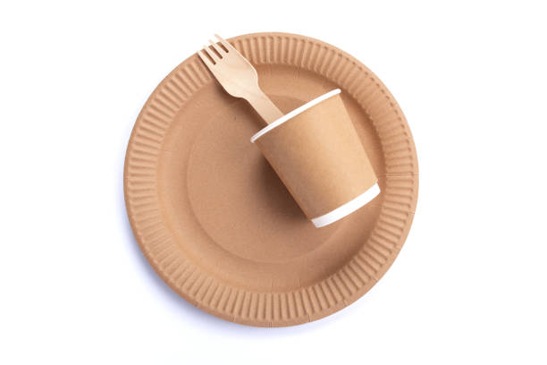 istock Paper plate, glass and wooden fork. Eco friendly, compostable tableware, disposable, recyclable on white background.  Recycling concept. Flat lay. 1256454855