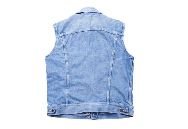 back rear view blue denim vest on white background, jeans vest isolated on white background, summer clothes element - denim jacket imagens e fotografias de stock